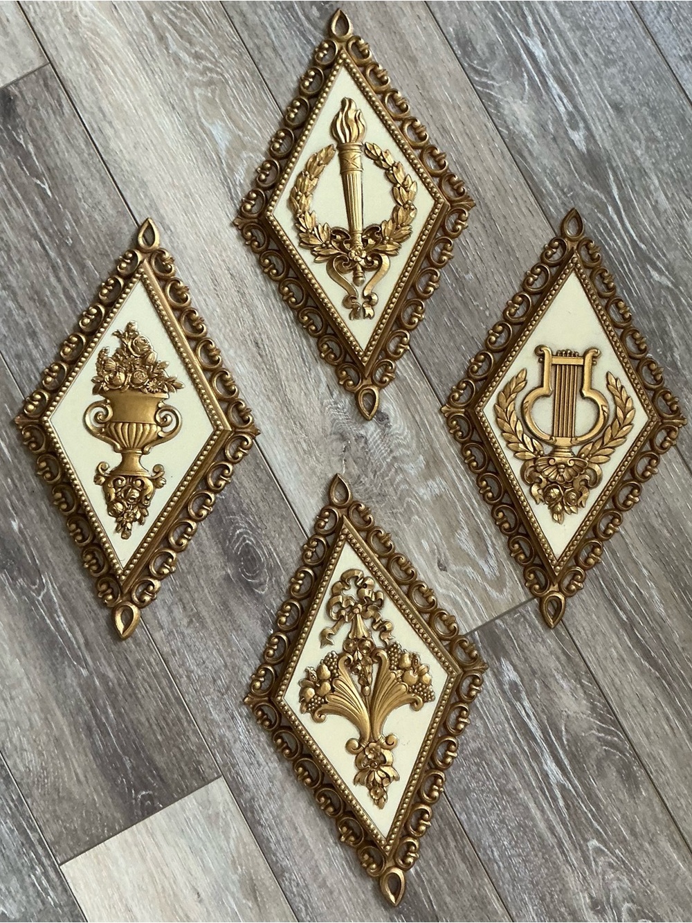 Homco Ornate Gold and Cream Diamond Wall Plaques - Set of 4